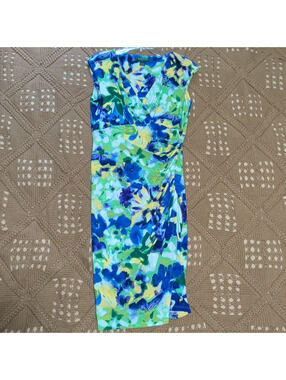 Lauren Ralph Lauren A-Line Dress Size 4 Blue Green Floral V-Neck Sleeveless Knee